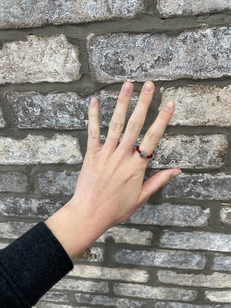 Silver Heart Red Beaded ring
